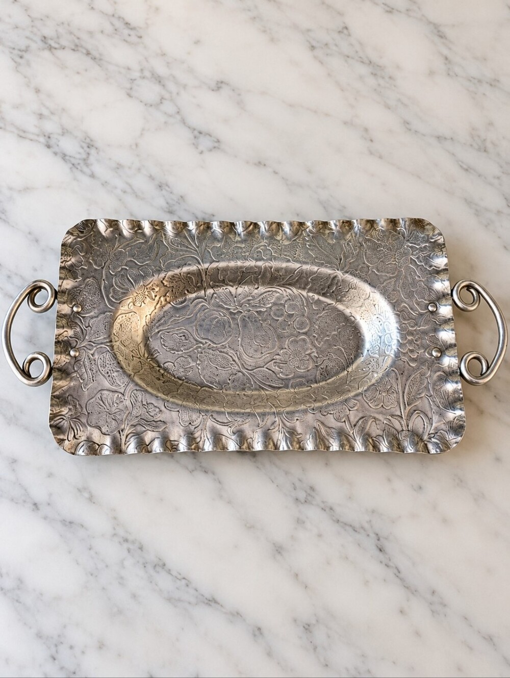 Vintage Hammered Aluminum Serving Tray Floral Fruit Scroll Handles